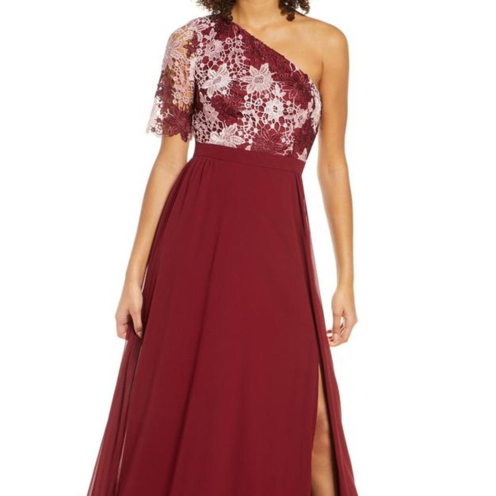 Chi Chi London Burgundy Lace Crochet Bodice Maxi Formal Dress
